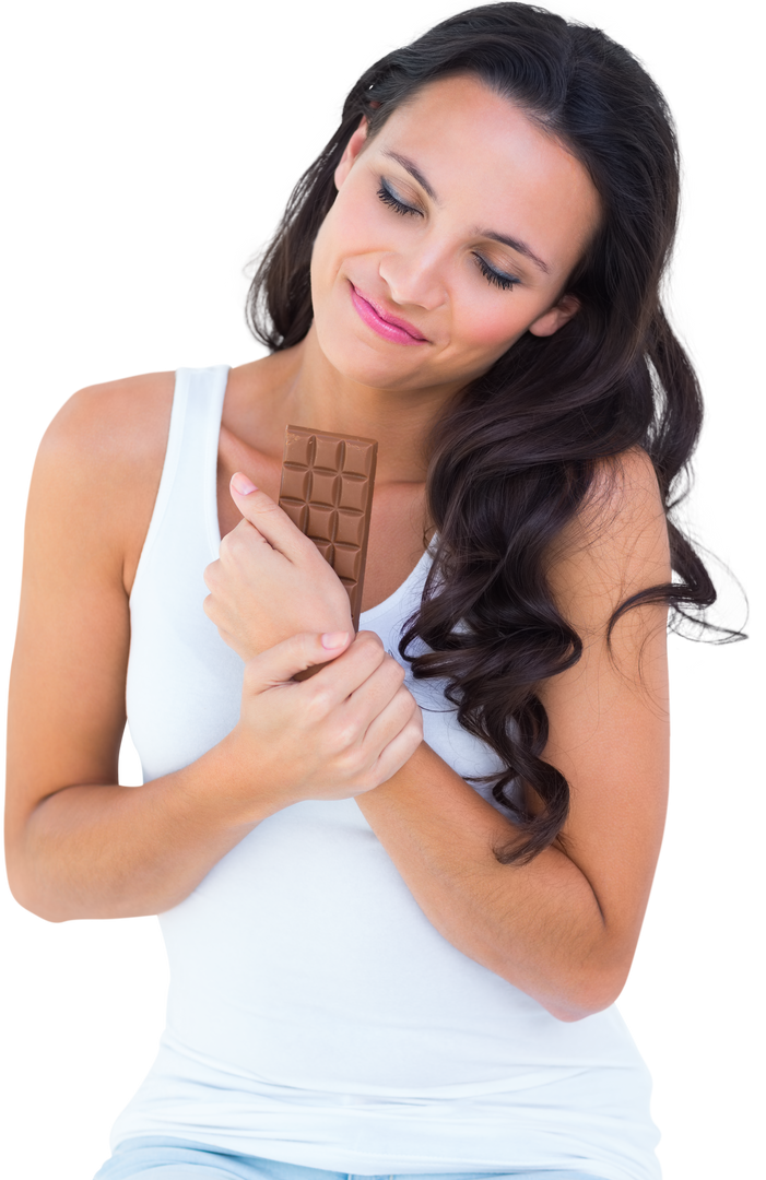 Brunette Woman Embracing Chocolate Bar in Bedroom Wearing White Top, Denim Jeans, Transparent Backgr - Download Free Stock Images Pikwizard.com