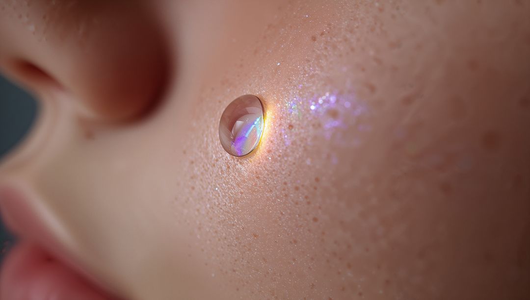 Iridescent droplet on child cheek macro skin texture with freckles and subtle glitter