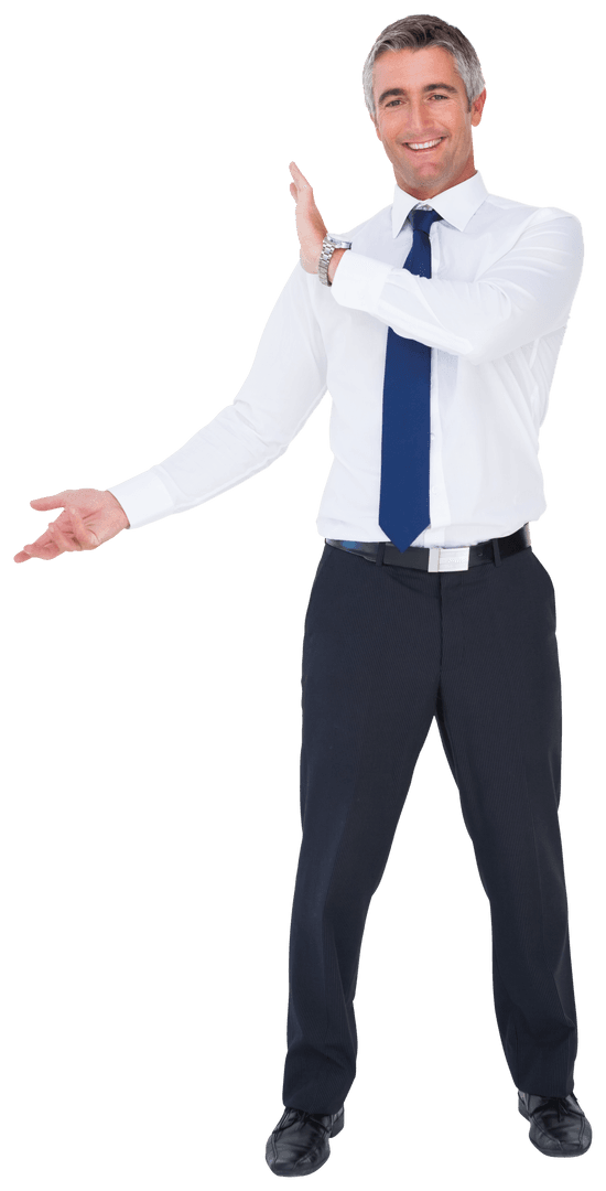 Confident Businessman Gesturing in Formal Attire on Transparent