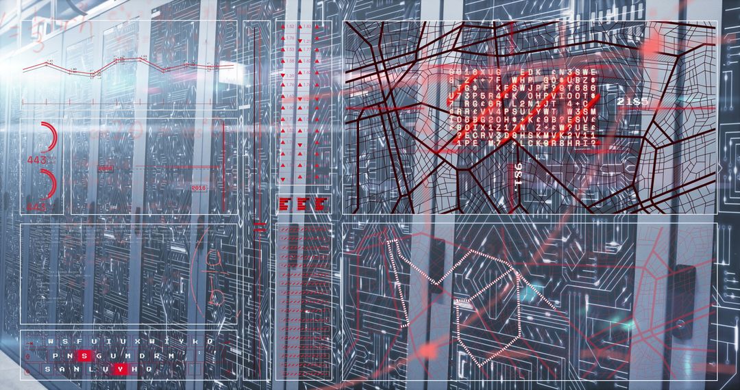 High-Tech Data Center with Digital Overlays and Cybersecurity Elements