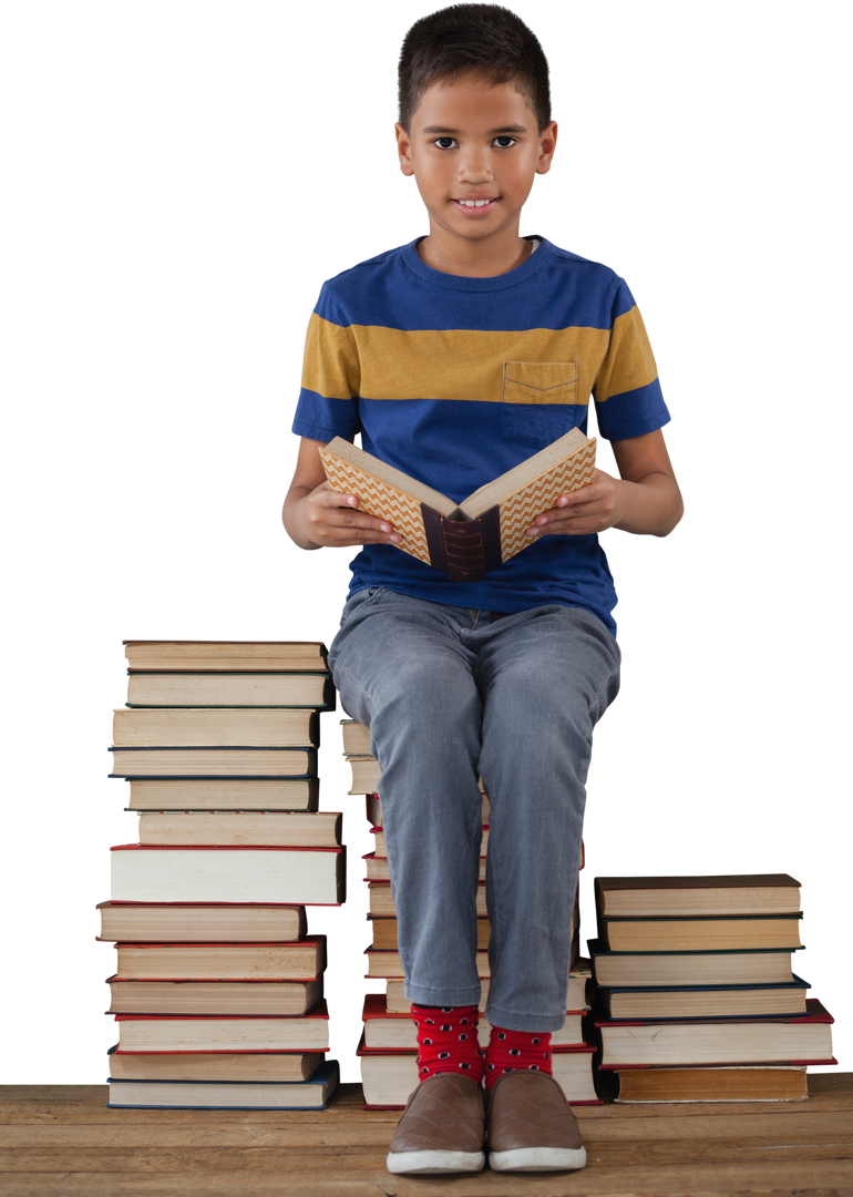 Schoolboy Reading Book on Stack of Books Transparent Background - Download Free Stock Images Pikwizard.com