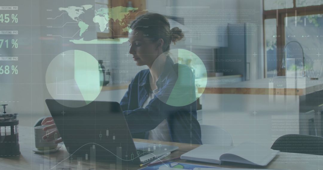 Businesswoman Analyzing Global Data Trends on Laptop