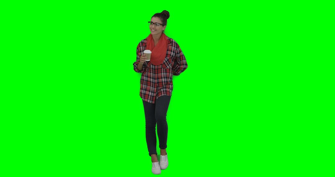 Young Woman in Casual Outfit Holding Coffee Against Green Screen - Free Images, Stock Photos and Pictures on Pikwizard.com