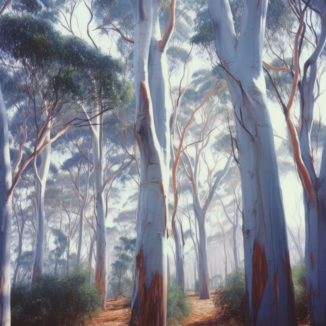 Eucalyptus trees create a serene forest scene, with copy space - Free Images, Stock Photos and Pictures on Pikwizard.com