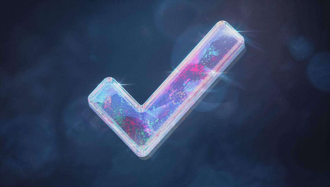 Glassy 3D Check Mark with Neon Glow on Dark Background