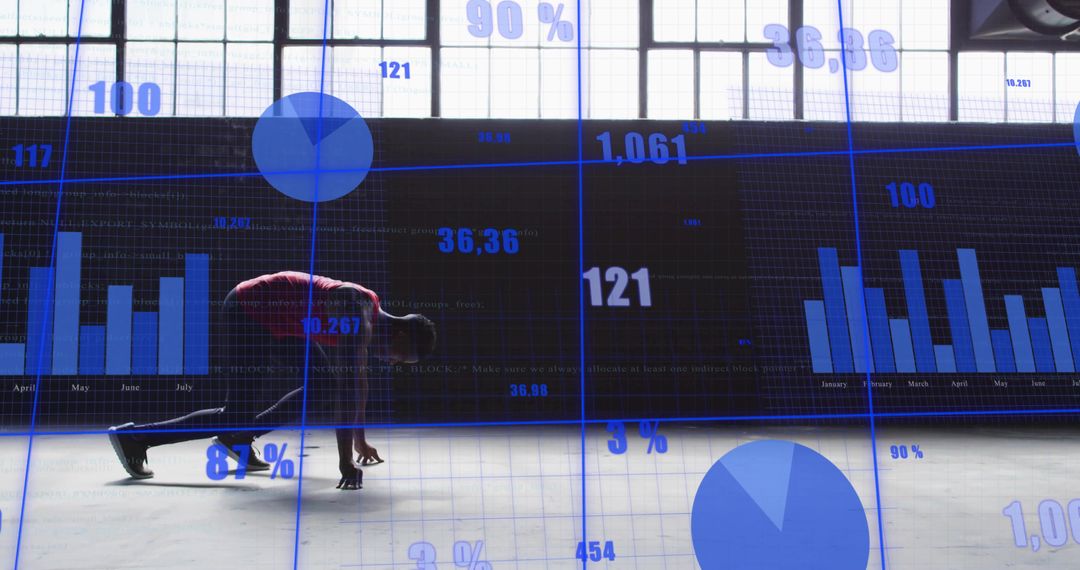 Athlete Starting Sprint with Digital Performance Data Visuals