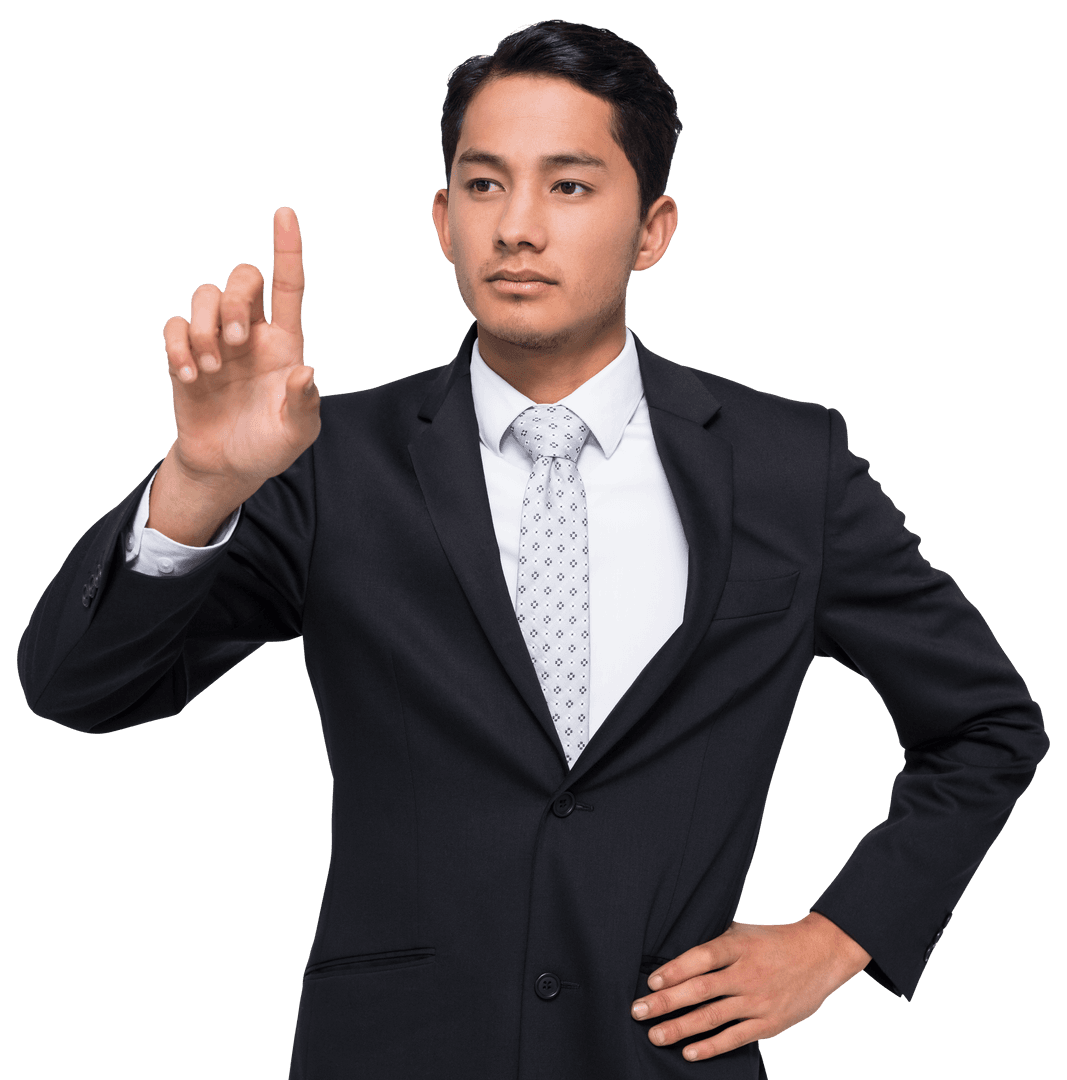 Focused Biracial Businessman Pointing Finger on Transparent Background