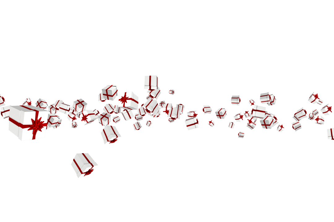 Flying Transparent Christmas Gift Boxes with Red Ribbons