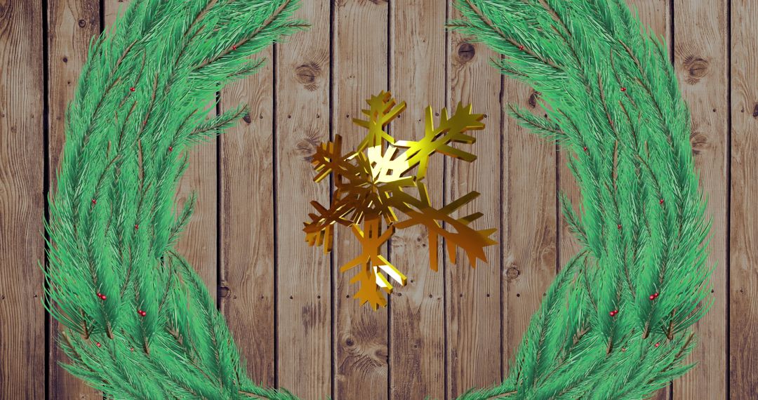 Gold Snowflake with Green Branches on Rustic Wood