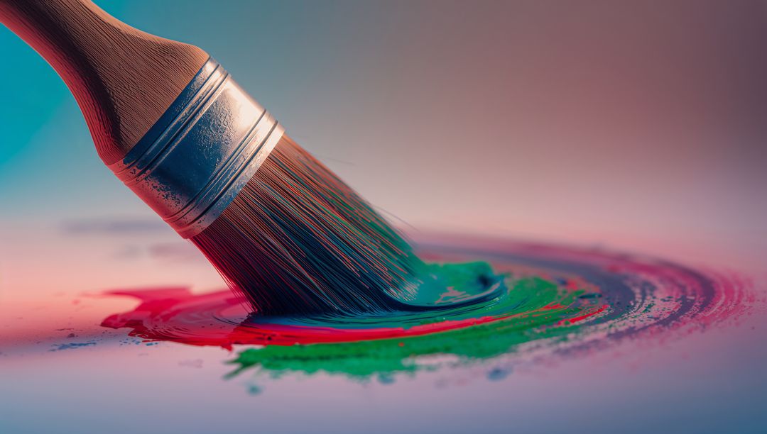 Macro bristle brush painting green and red swirls on studio panel with textured strokes