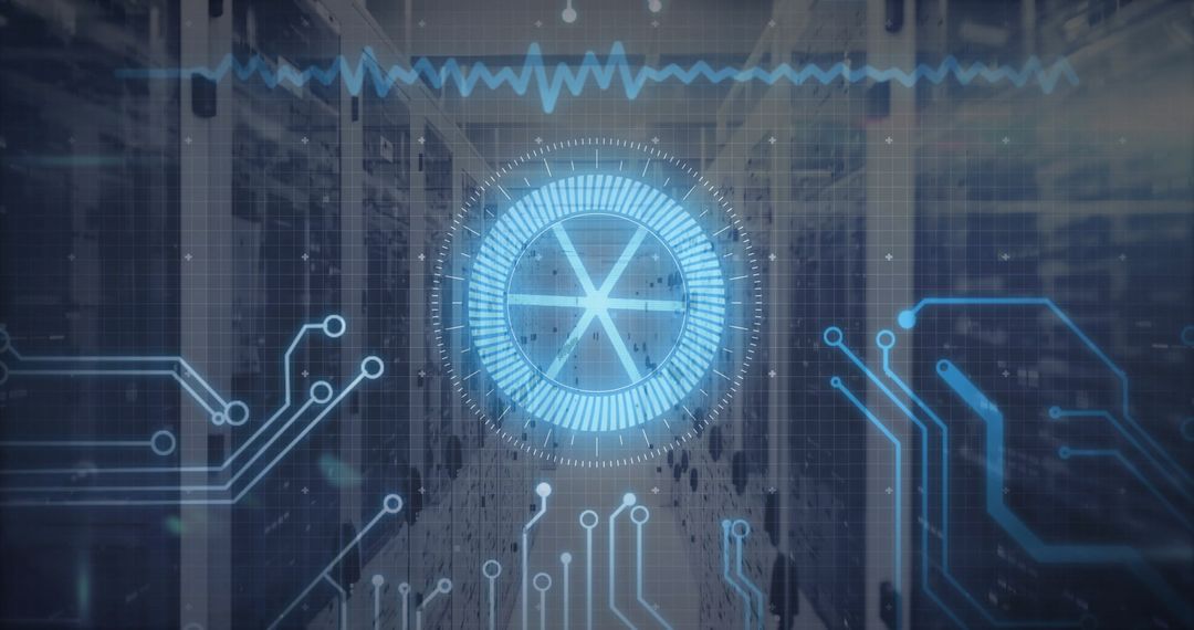 Futuristic HUD Interface in Data Center with Digital Elements