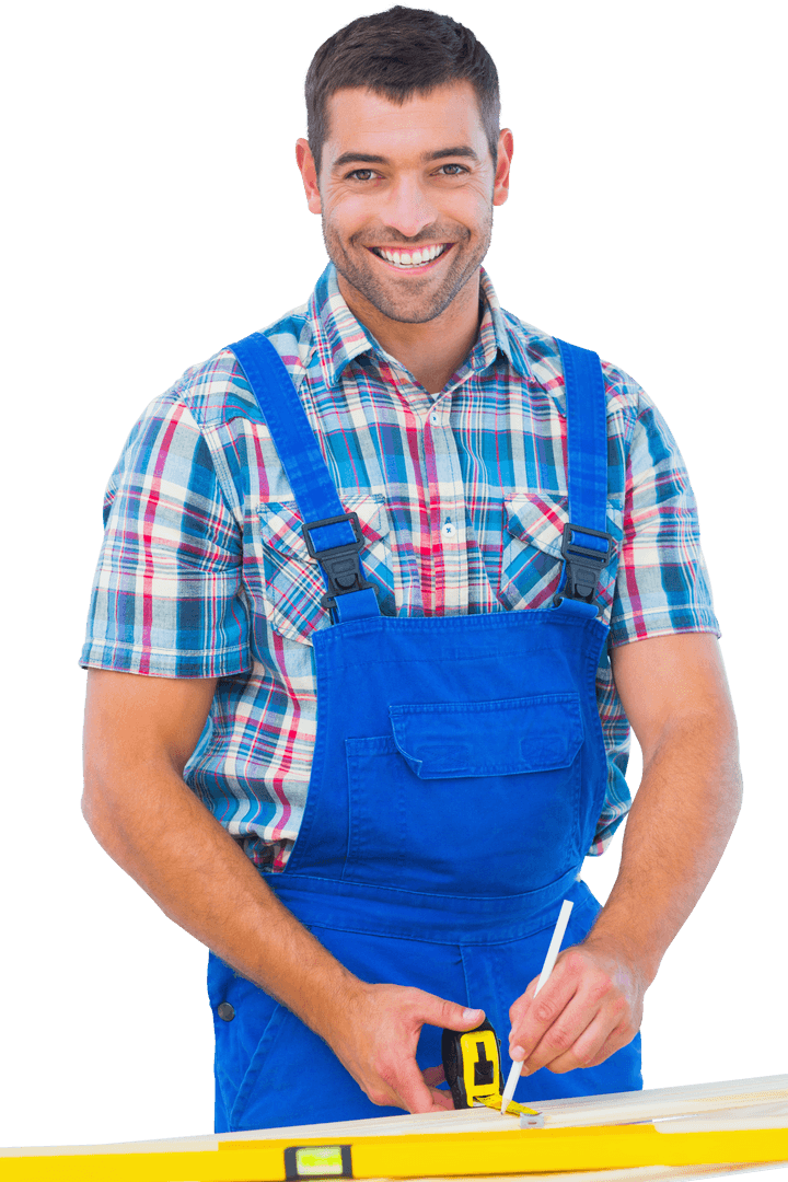 Transparent Happy Carpenter Measuring with Tape and Pencil