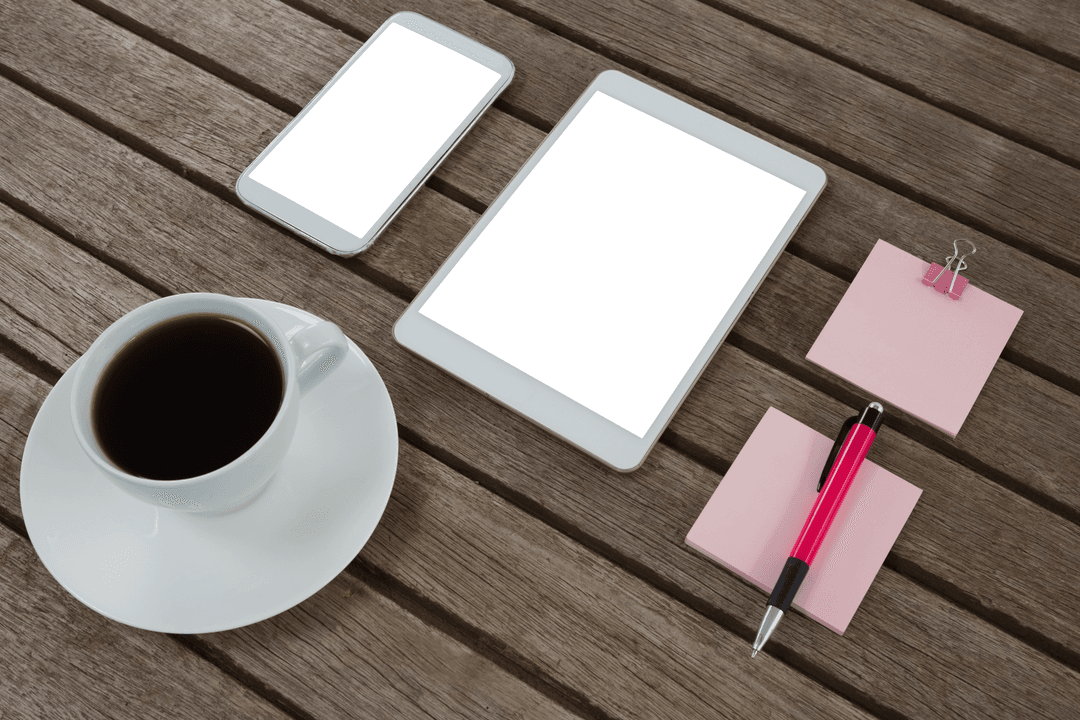 transparent workspace with coffee, digital devices, and sticky notes - Download Free Stock Images Pikwizard.com