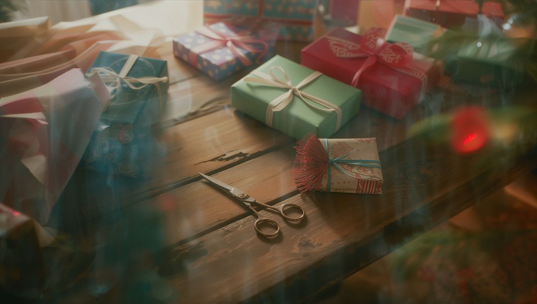 Festive Table with Wrapped Gifts and Scissors in Cozy Home