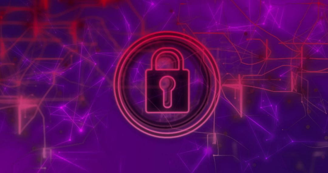 Cyber Security Lock on Purple Digital Network Background