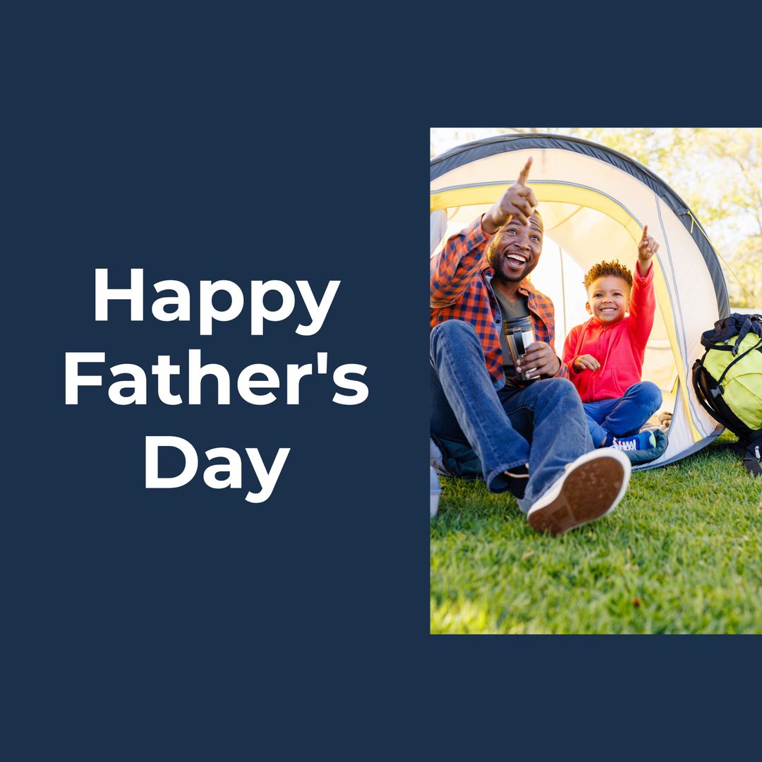 Happy Father's Day Text with Smiling African American Father and Son in Tent - Download Free Stock Templates Pikwizard.com
