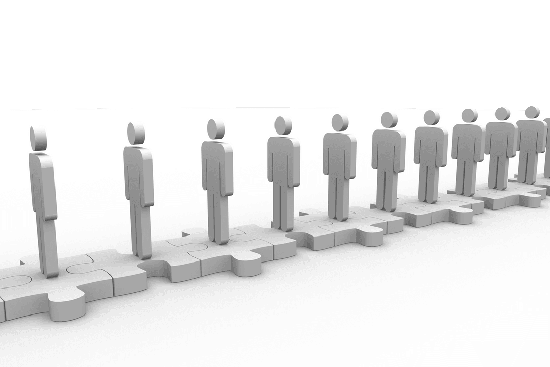 Transparent Human Figures Standing on Connected Jigsaw Puzzle Pieces