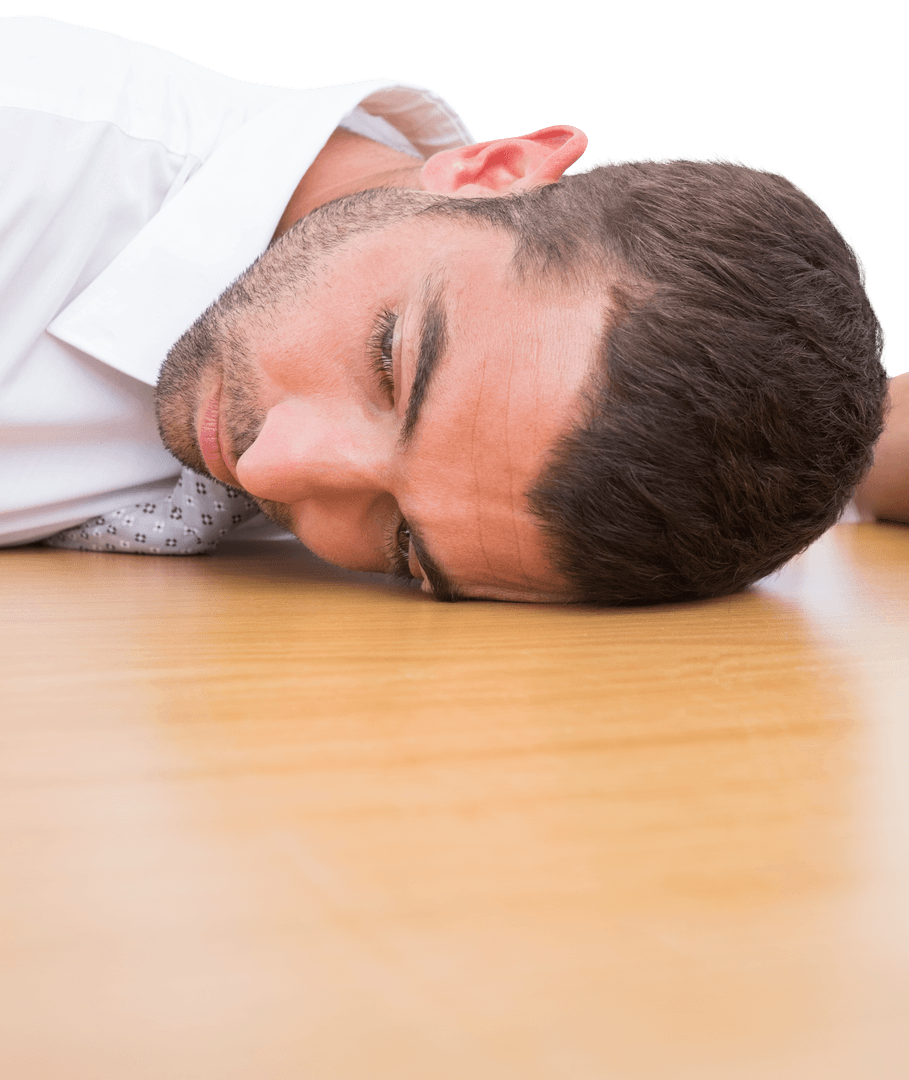 Tired Businessman Transparent Background Resting on Desk