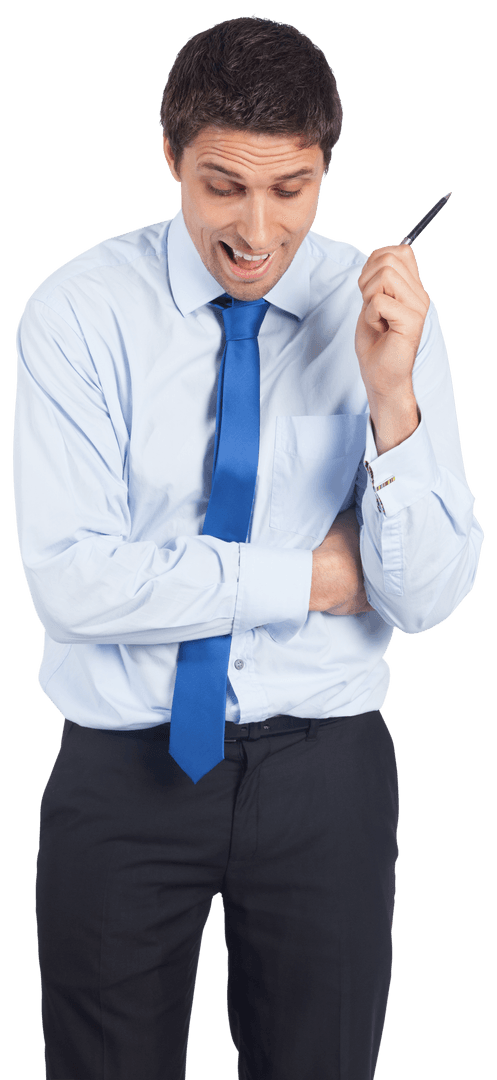 Smiling Businessman Contemplating Ideas with Pen Transparent