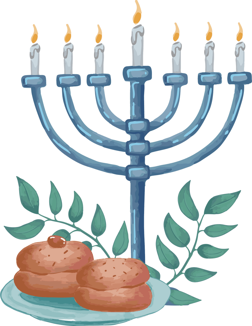 Transparent Chanukah Menorah and Donuts Illustration with Glowing Candles