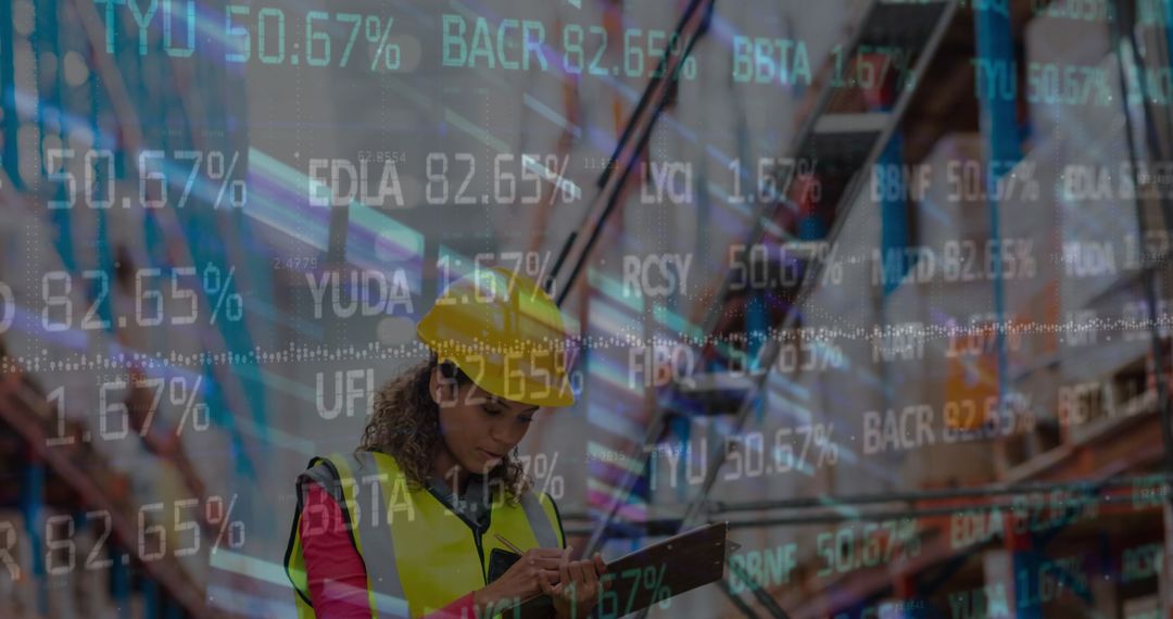 Female Worker in Reflective Vest Using Digital Tablet in Tech-Integrated Warehouse