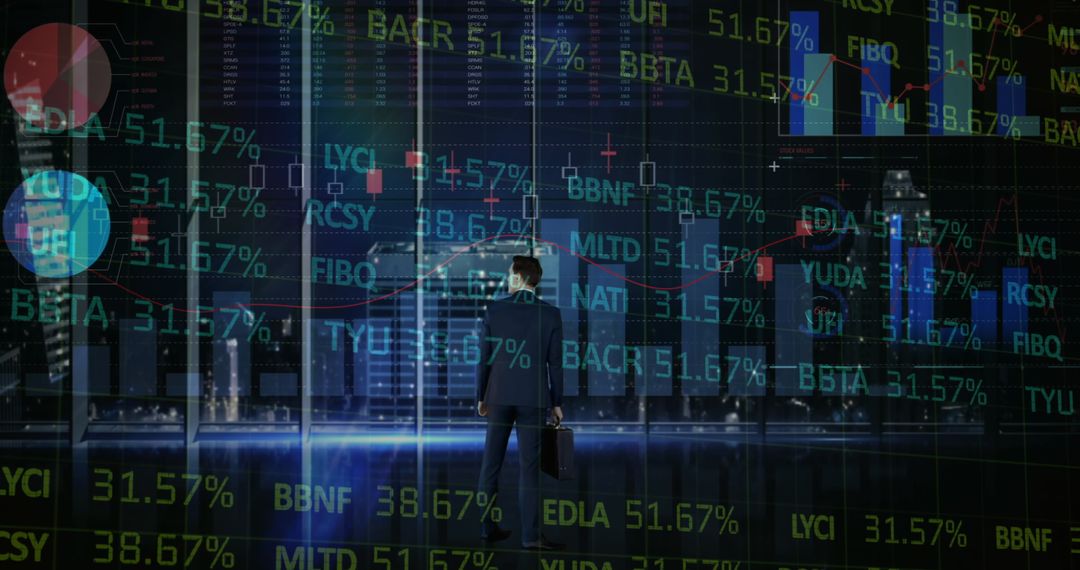 Businessman Overseeing Dynamic Financial Data and Statistics