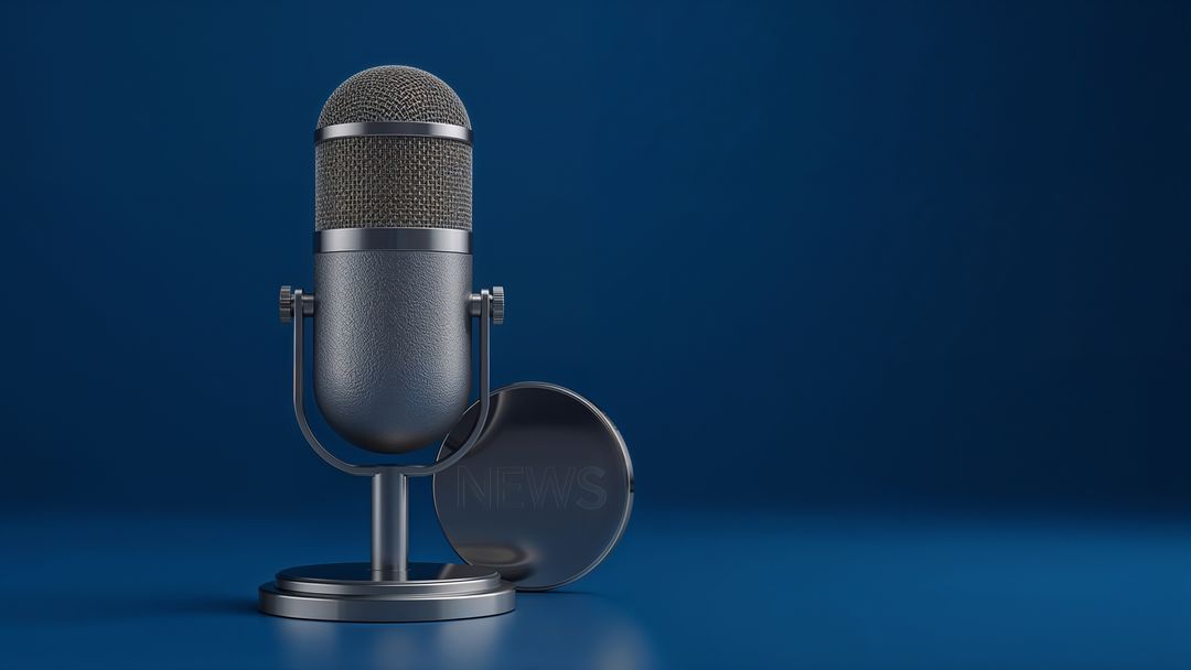 Press release retro microphone and news plaque in studio setting