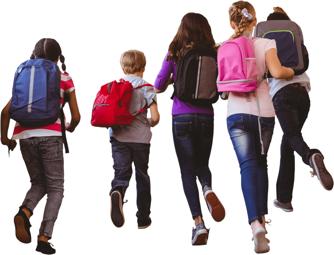 Children with Backpacks Happily Running to School Entrance Transparent