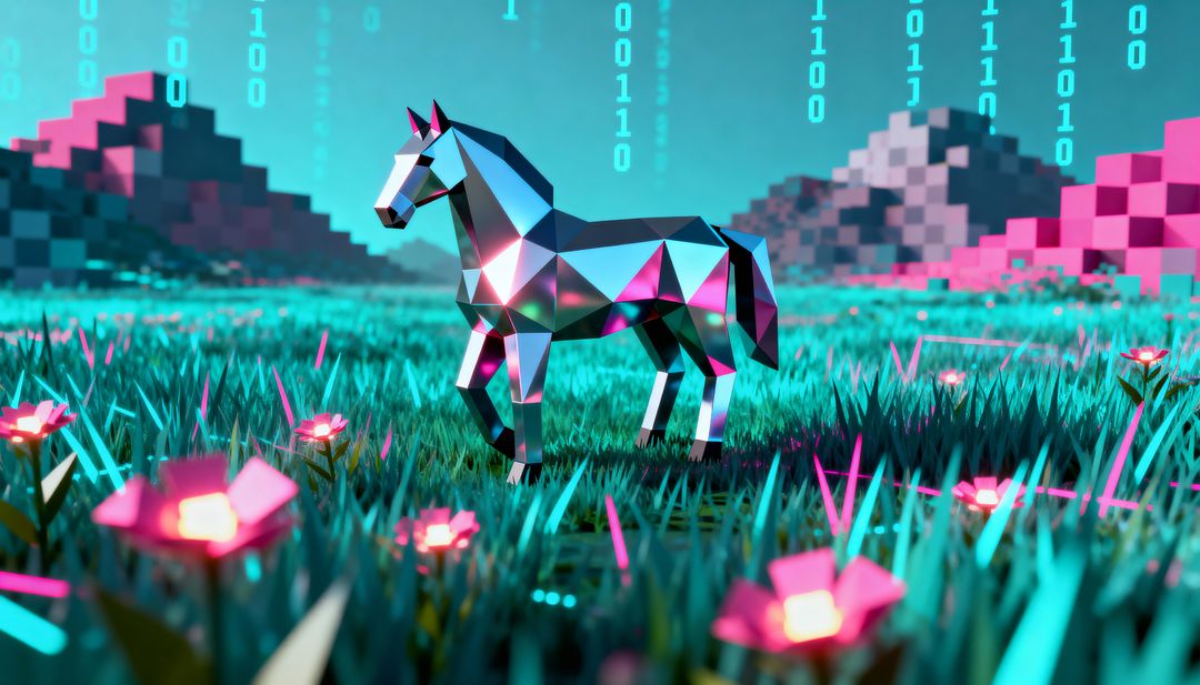 Reflecting Low-Poly Horse Standing in Neon Meadow with Falling Binary Code