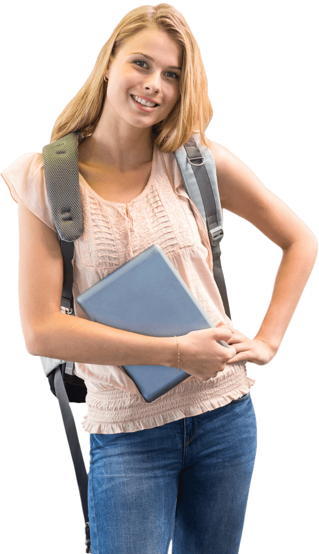 Confident Female Student with Tablet on Transparent Background