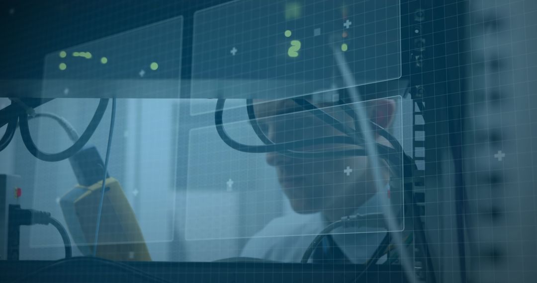 Tech Worker in Server Room Amid Digital Interface Visualization