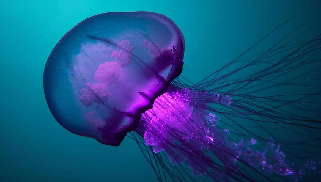 Ethereal Purple Jellyfish Glowing in Blue-Green Ocean Waters