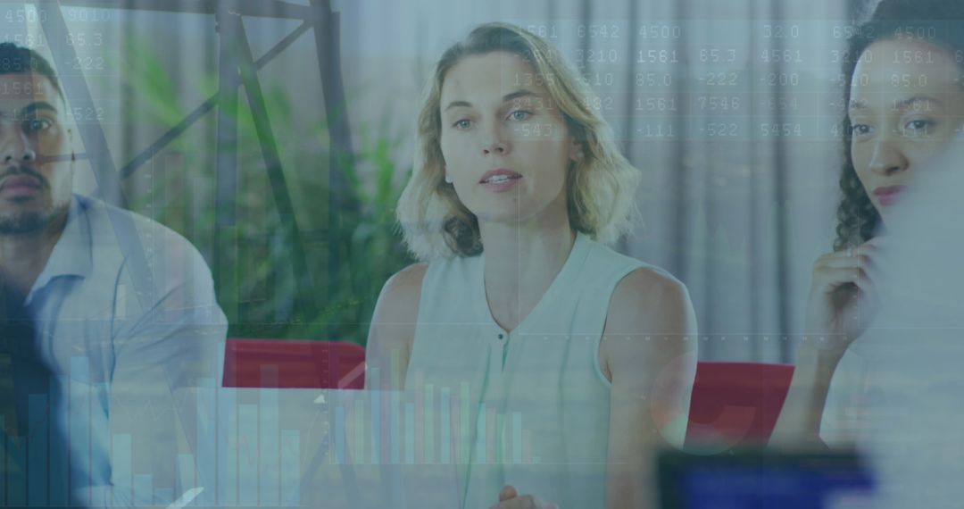 Business Meeting Discussion with Data Visualization Overlay