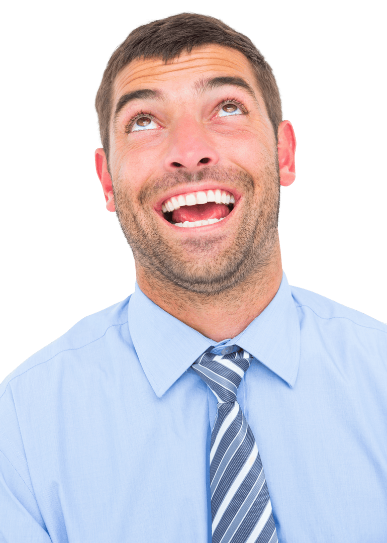 Joyful Businessman Looking Up on Transparent Background