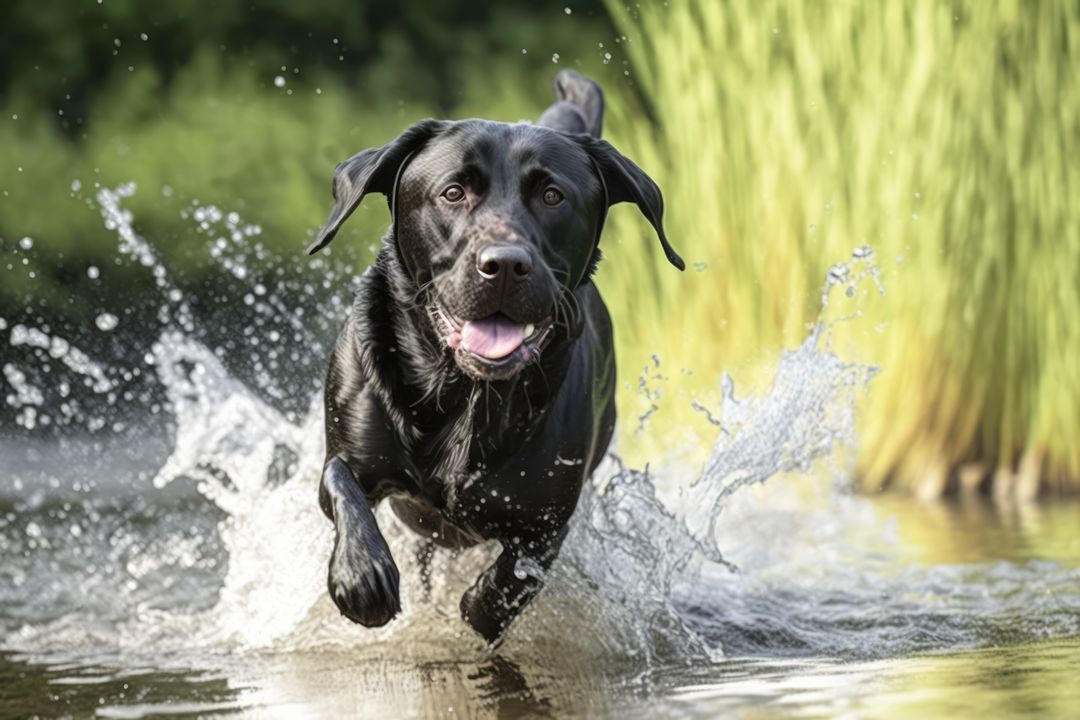 Black labrador dog running in water over grass created using generative ai technology - Free Images, Stock Photos and Pictures on Pikwizard.com