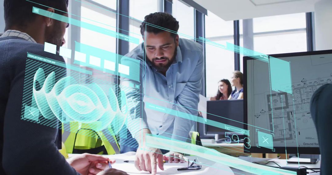 Diverse Team Discussing Data with Virtual Interface in Modern Office