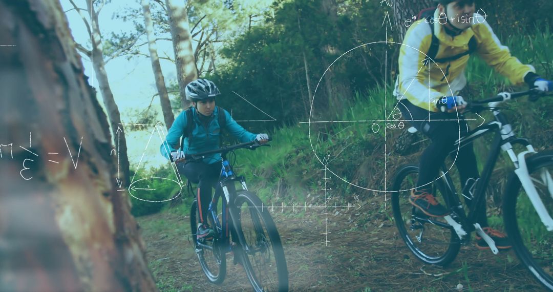 Biking Adventure Through Forest with Futuristic Graphics Overlay