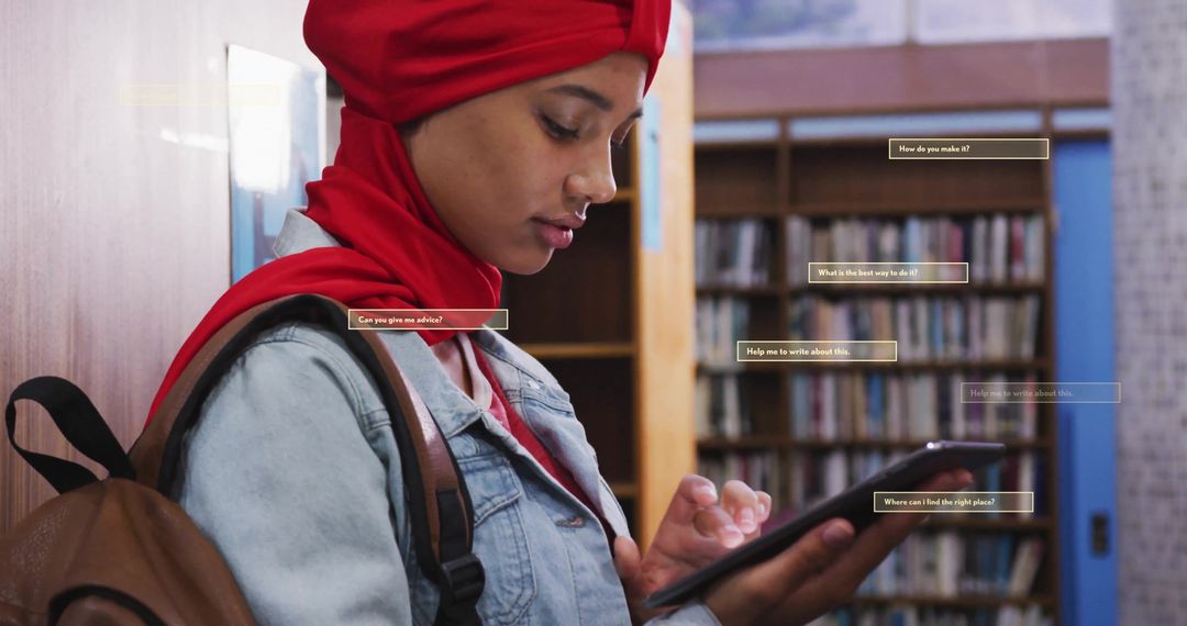 Student Engaging with AI Technology in Modern Library