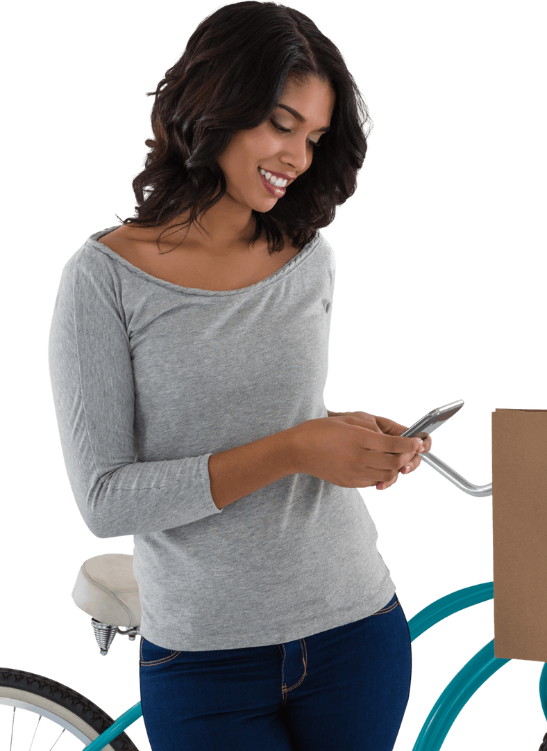 Transparent Smiling Woman Texting by Bicycle