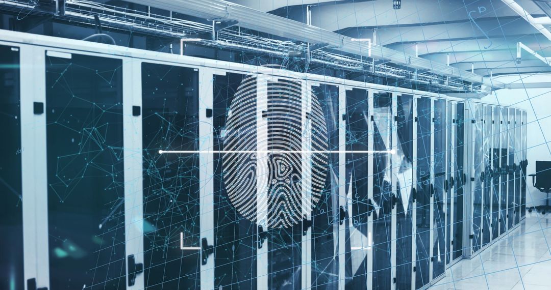Digital Fingerprint Overlay in Server Room with Networking Lines