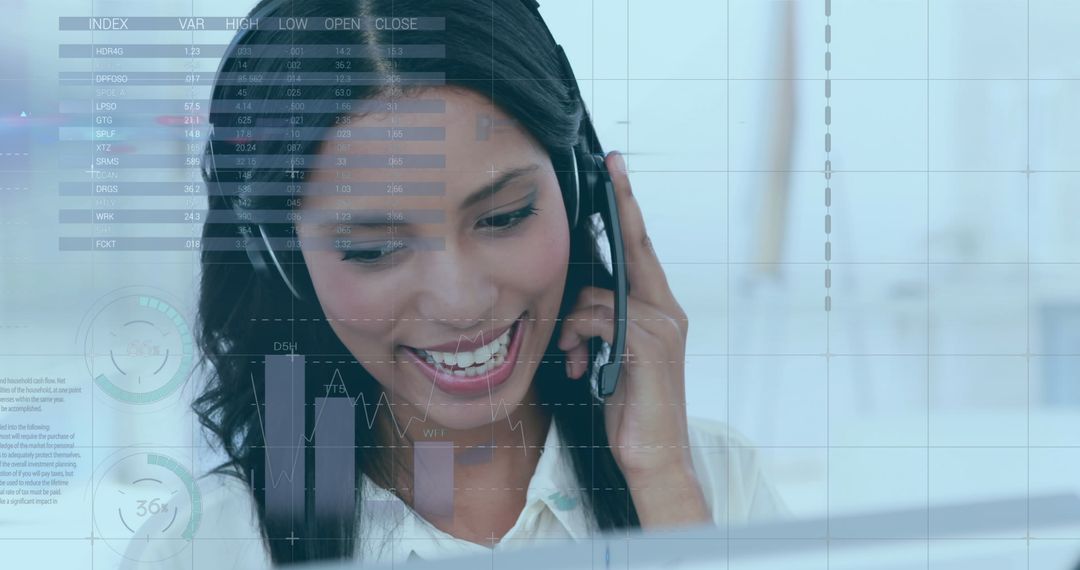 Smiling Customer Service Agent with Overlay of Financial Graphs