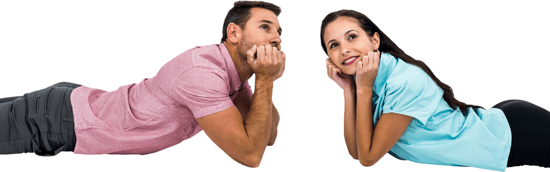 Transparent Background Couple Relaxing on Floor with Dreamy Expressions