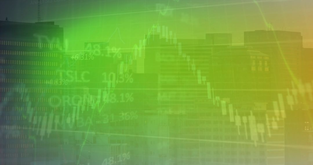 Abstract Financial Data and Cityscape on Green Background