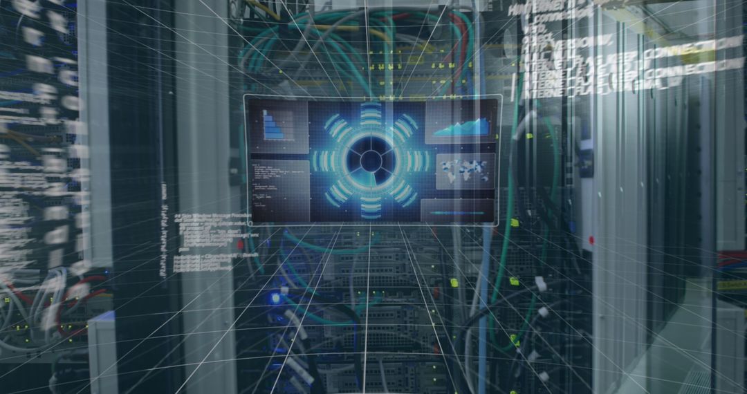 Digital Data Processing Over Server Room with Futuristic HUD