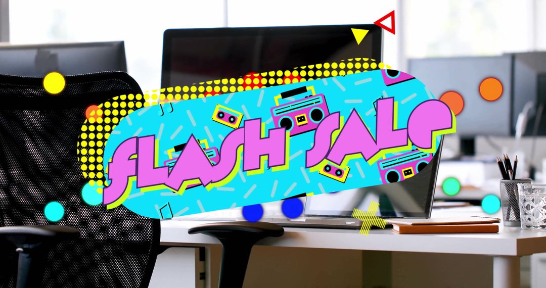 Retro Flash Sale Graphic in Modern Office Workspace