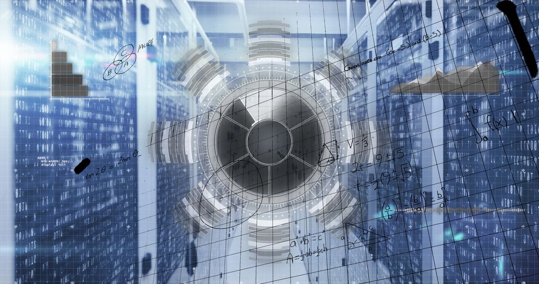Digital data processing in server room with mathematical interface