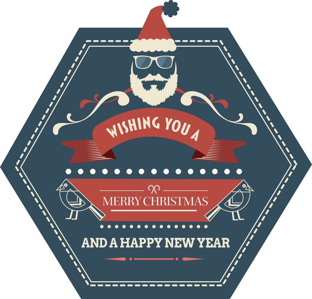 Transparent Christmas Greeting with Hipster Santa in Hexagon Frame