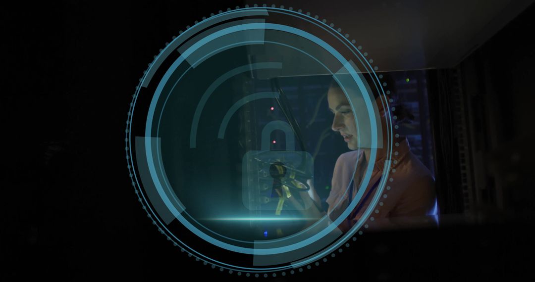 IT Technician Unlocking Data Center with Futuristic Holographic Display