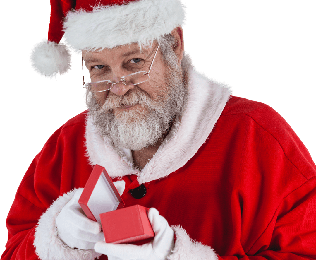 Santa Claus Joyfully Unveiling a Secret Holiday Gift in Transparent Background