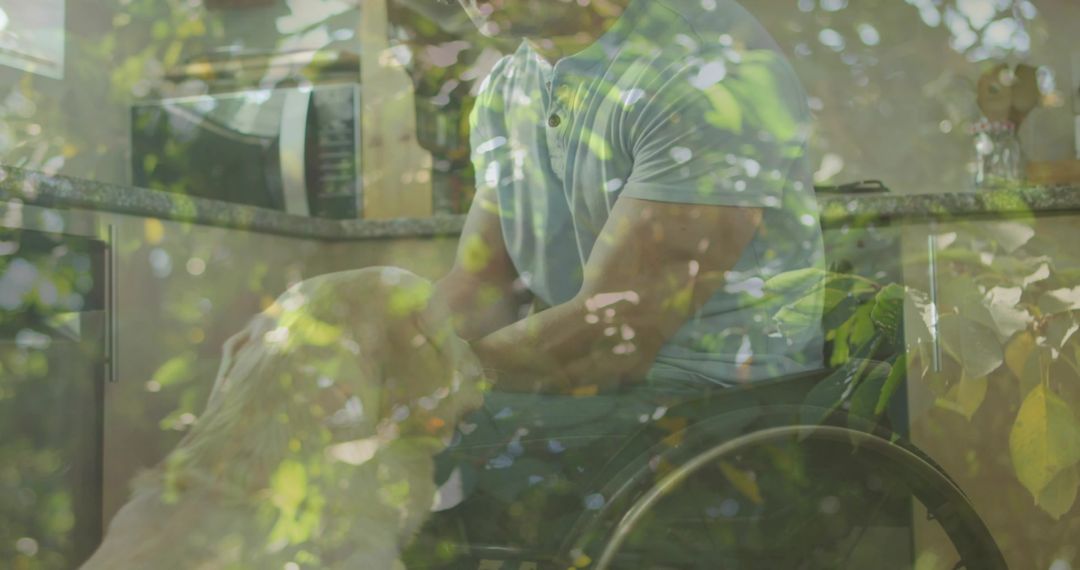 Man in Wheelchair Interacting with Golden Retriever at Home
